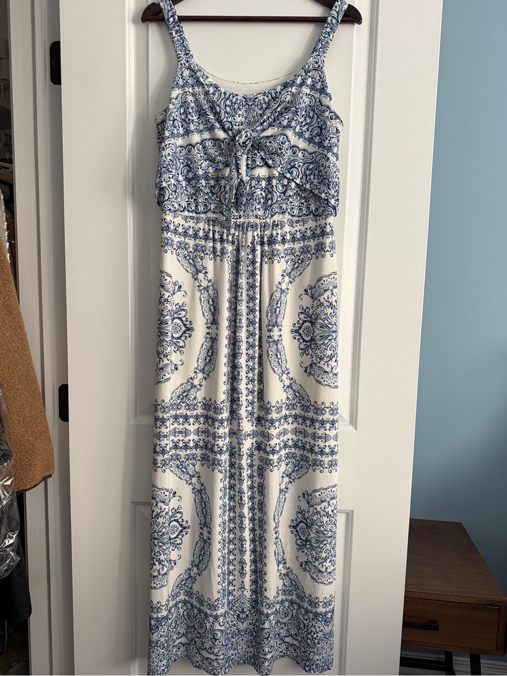 London Times Blue and White Printed Tie-Front Maxi Dress